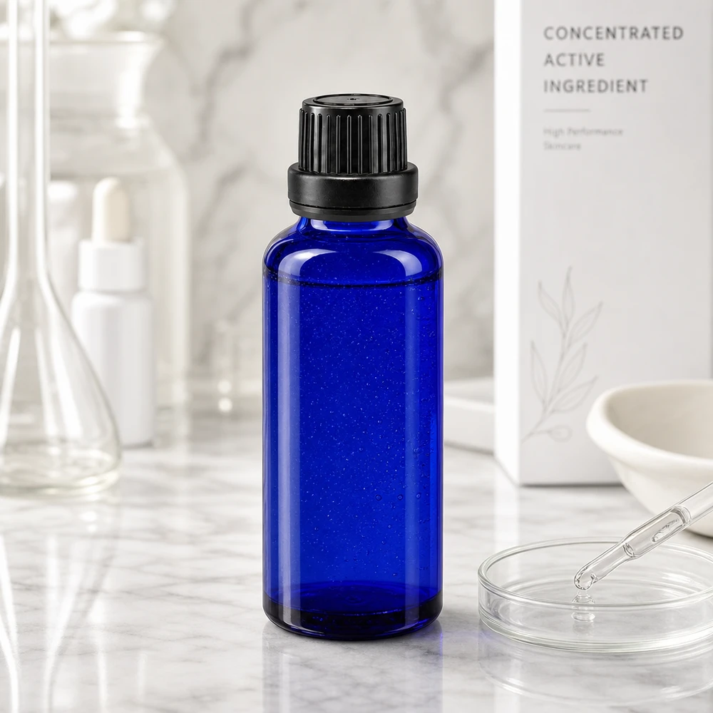 Blauw glazen flesje van 30 ml met zwarte verzegeling, naast een petrischaal en een pipet