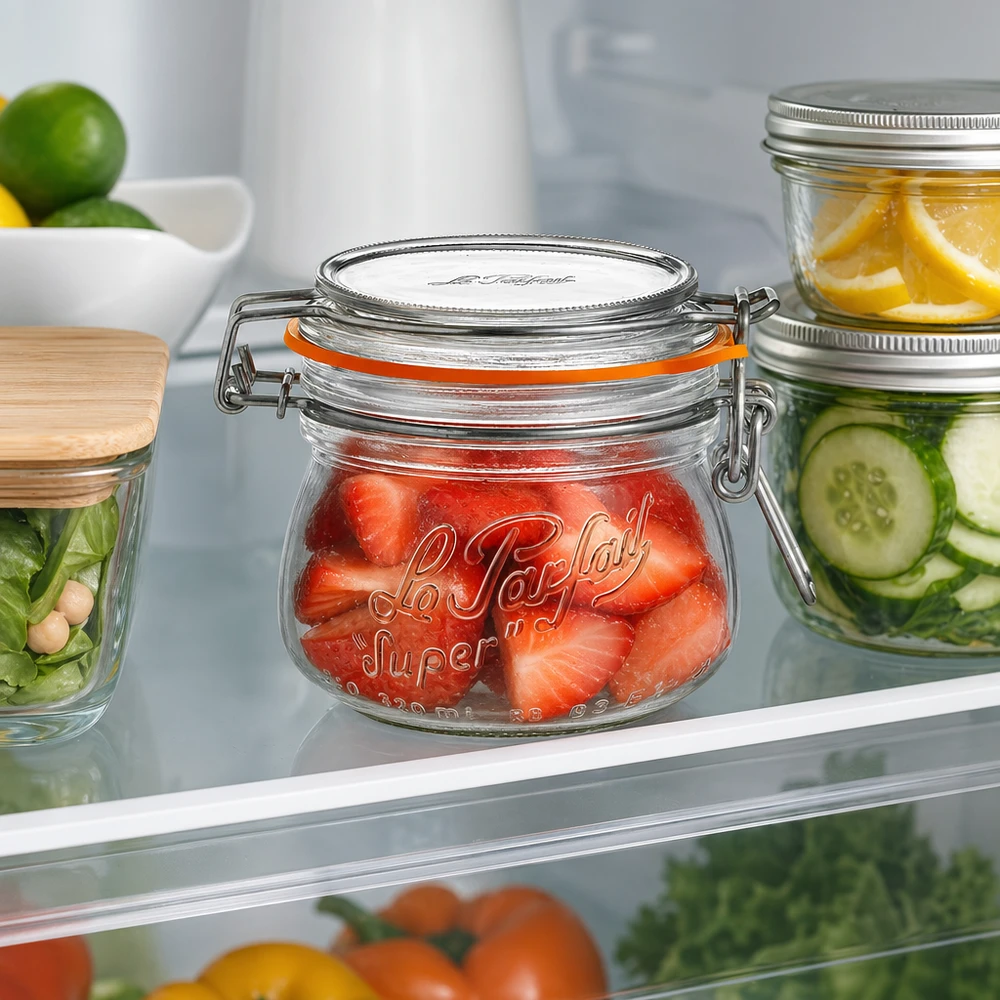 250 ml Le Parfait Super voorraadpot met draaidop gevuld met aardbeien in de koelkast naast andere potten