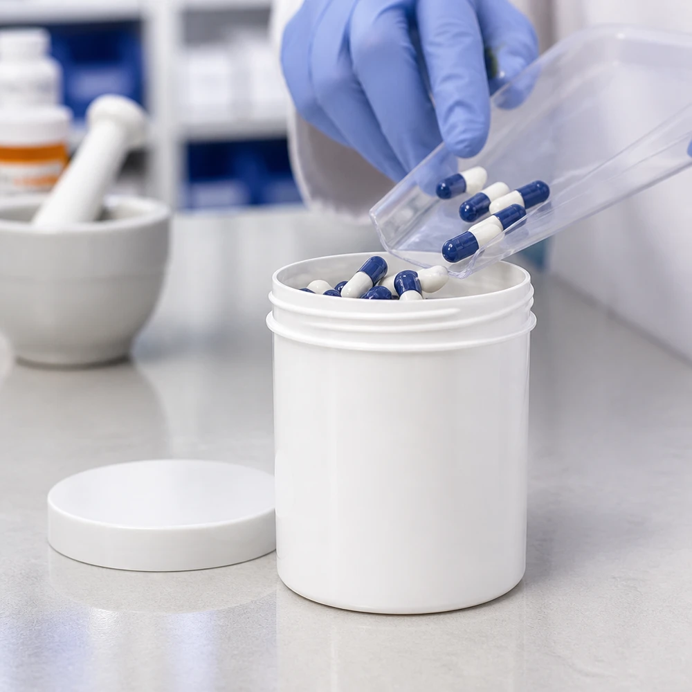 Zalfpot 30 g wit met schroefdeksel wit (PP) Professionele afvulling van capsules in witte apothekerspotjes van 30 g, vervaardigd uit PP-kunststof