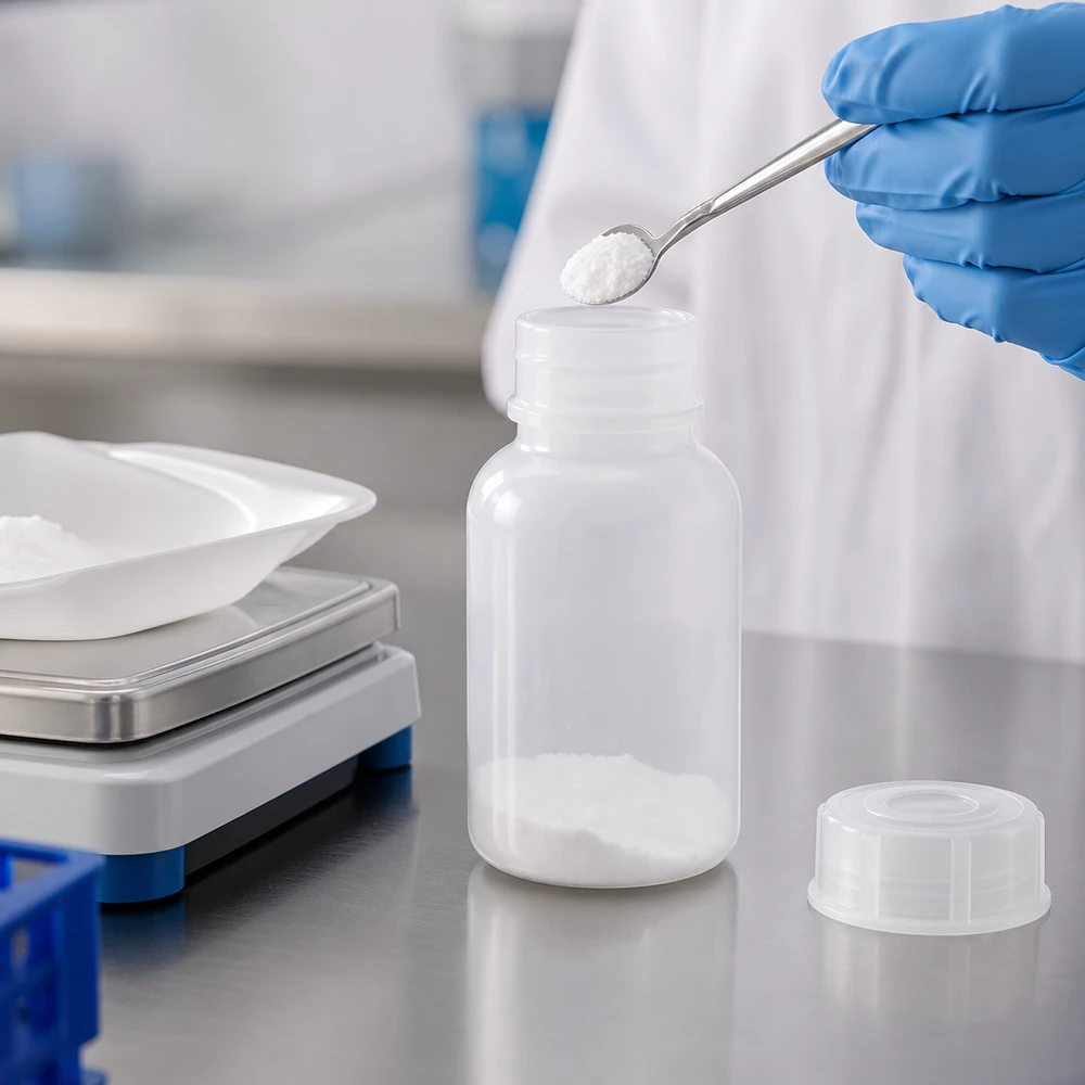 Vul met een blauwe beschermhandschoen een 100 ml-fles met brede hals met wit poeder met behulp van een laboratoriumspatel