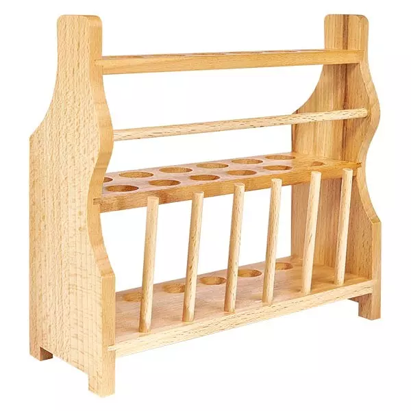 Reageerbuisrekken van hout, voor glazen buizen tot ca. 18 mm Ø voor 12 buizen, met 6 staven