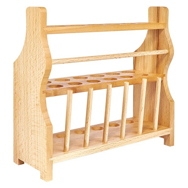 Reageerbuisrekken van hout, voor glazen buizen tot ca. 18 mm Ø voor 12 buizen, met 6 staven Reageerbuisrekken van hout, voor glazen buizen tot ca. 18 mm Ø voor 12 buizen, met 6 staven
