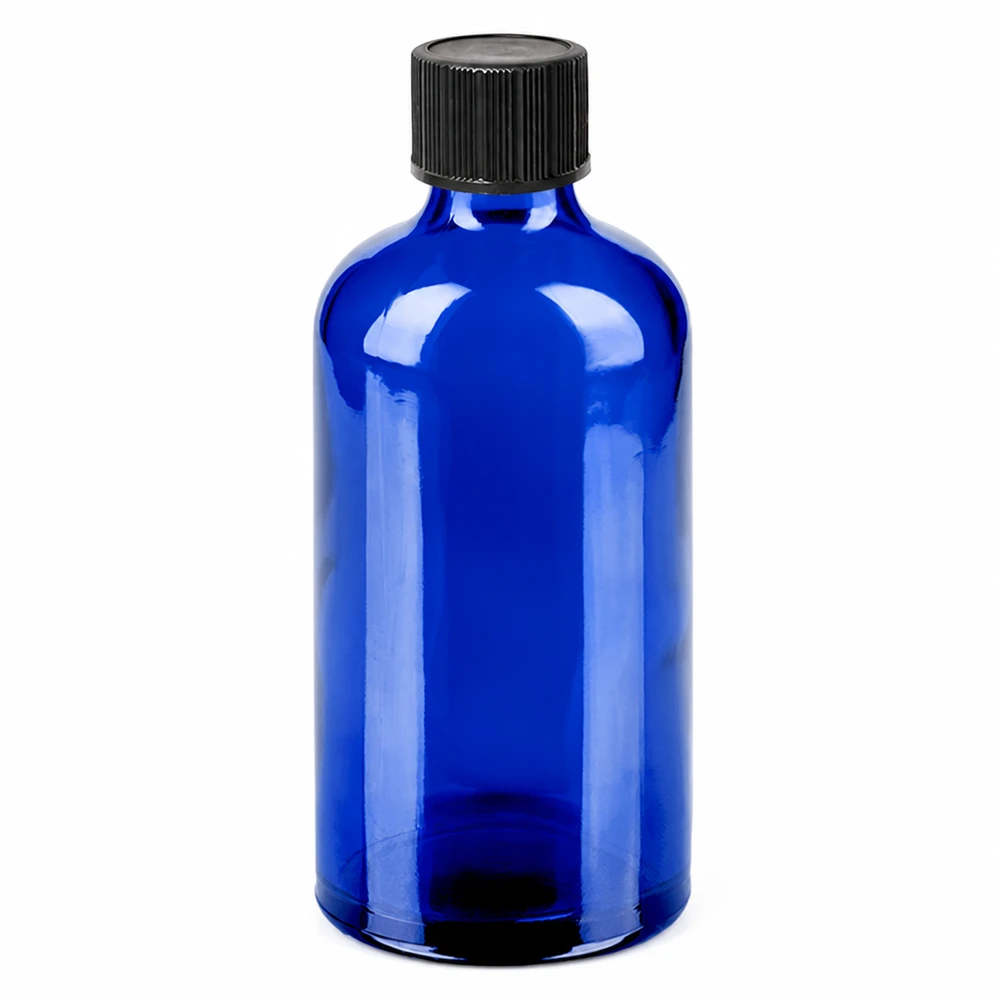 Blauw glazen druppelflesje 100ml met zwarte dop voor essentiële oliën en tincturen