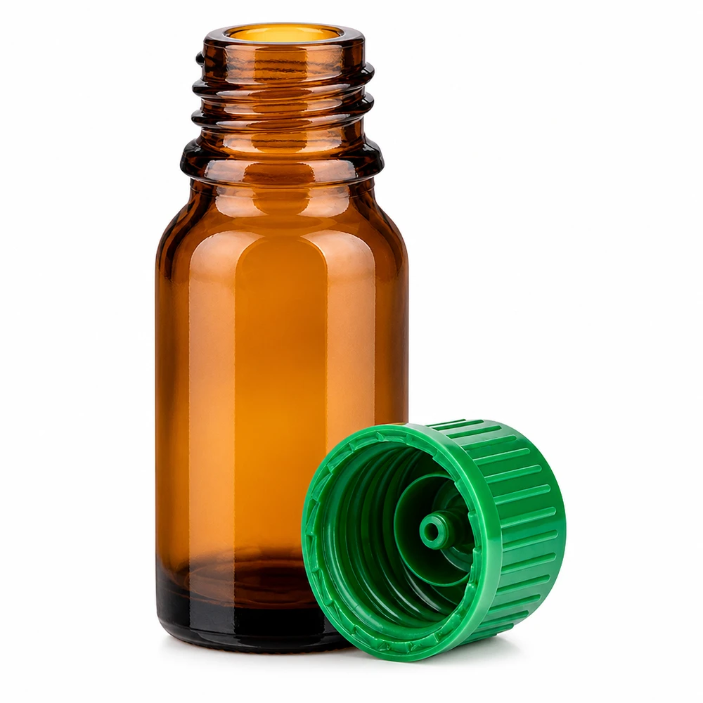 Hoogwaardige 10ml amberkleurige glazen flacon met groene dop voor het veilig bewaren van extracten
