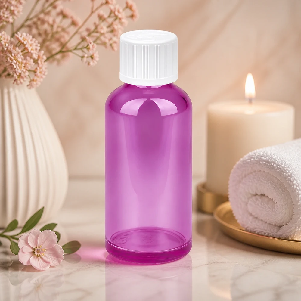 Moderne 50ml violette fles in een minimalistisch design voor een professionele productpresentatie