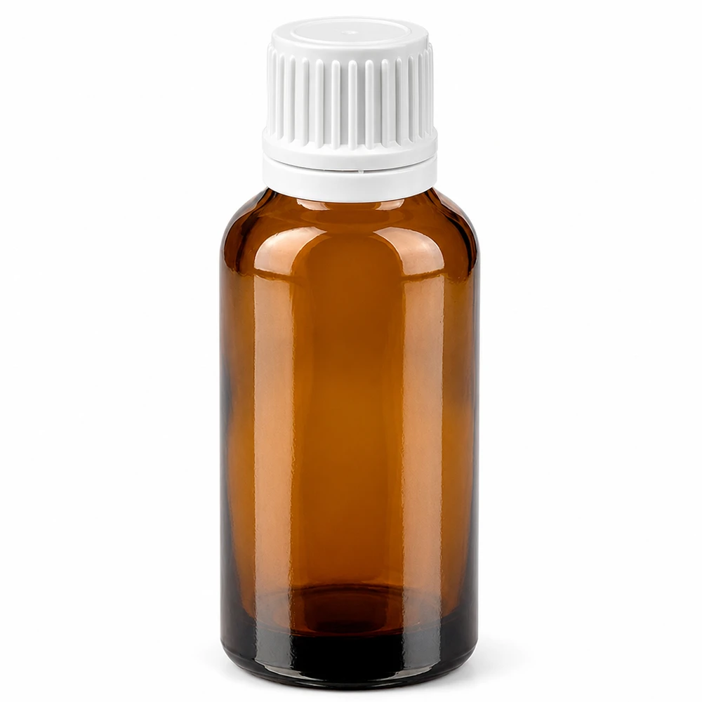Compact flesje van 30 ml gemaakt van UV-beschermend amberkleurig glas met praktische witte dop