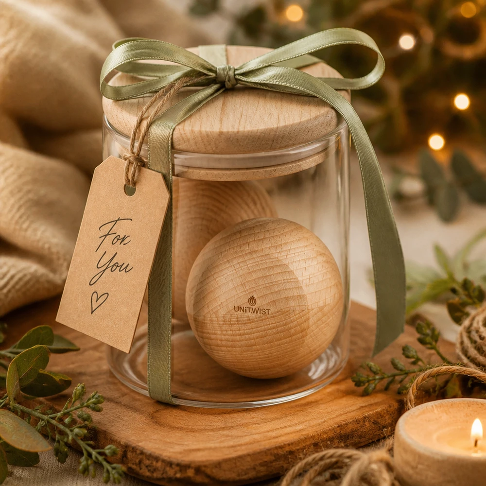 UNiTWIST houten bal beuken WECK RR80 als een geschenk in een pot versierd met een groene strik en For You tag