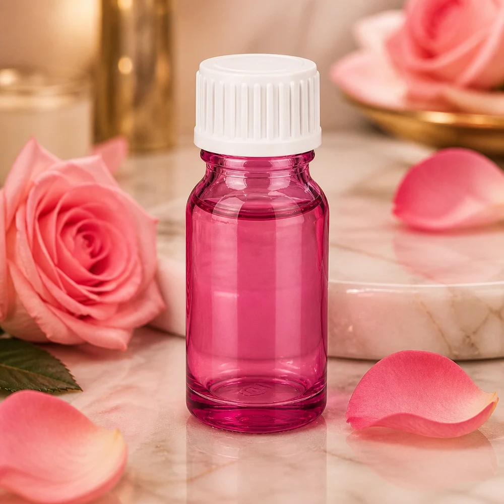 10ml (bol)fles. 3mm schenkring wit standaard PurpleLine. UT18/10 Paars glazen flesje van 10 ml met brede opening voor eenvoudig vullen en doseren