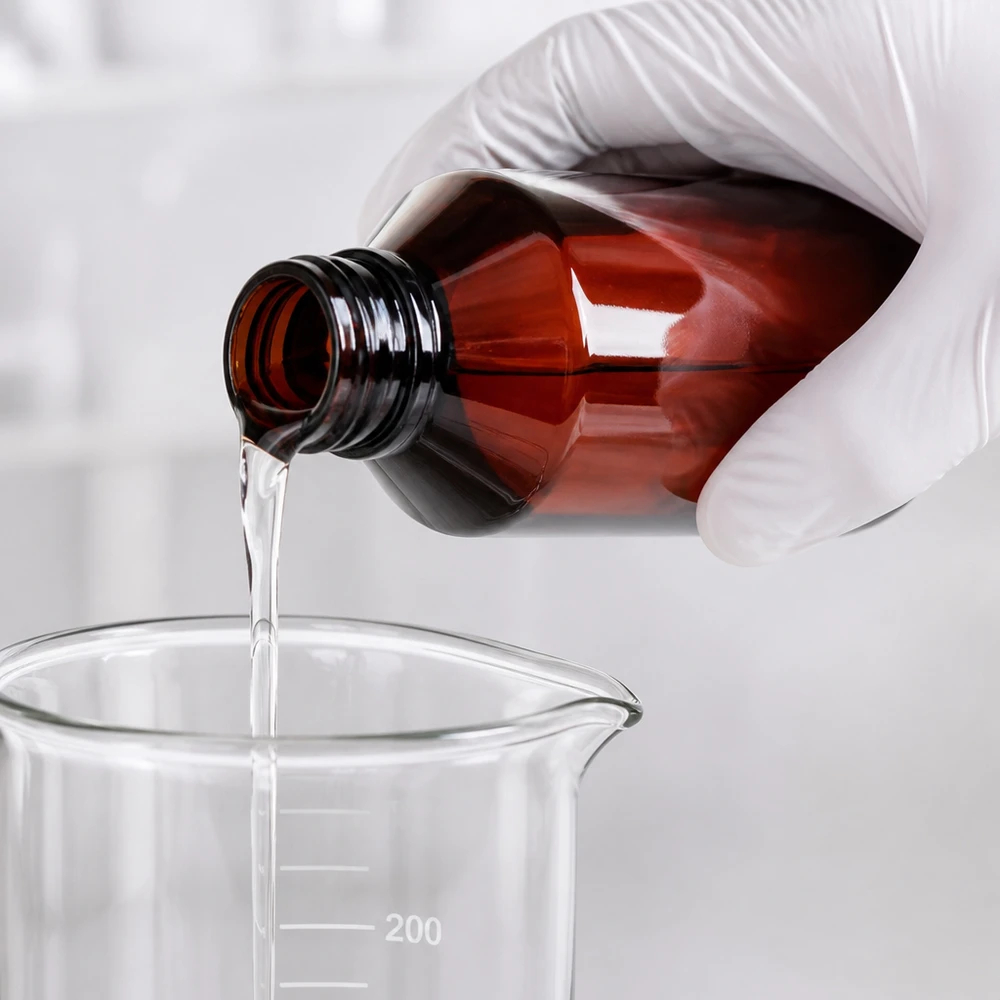 Schutzhandschuh befüllt bernsteinfarbene 200ml PET Flasche mit klarer Flüssigkeit