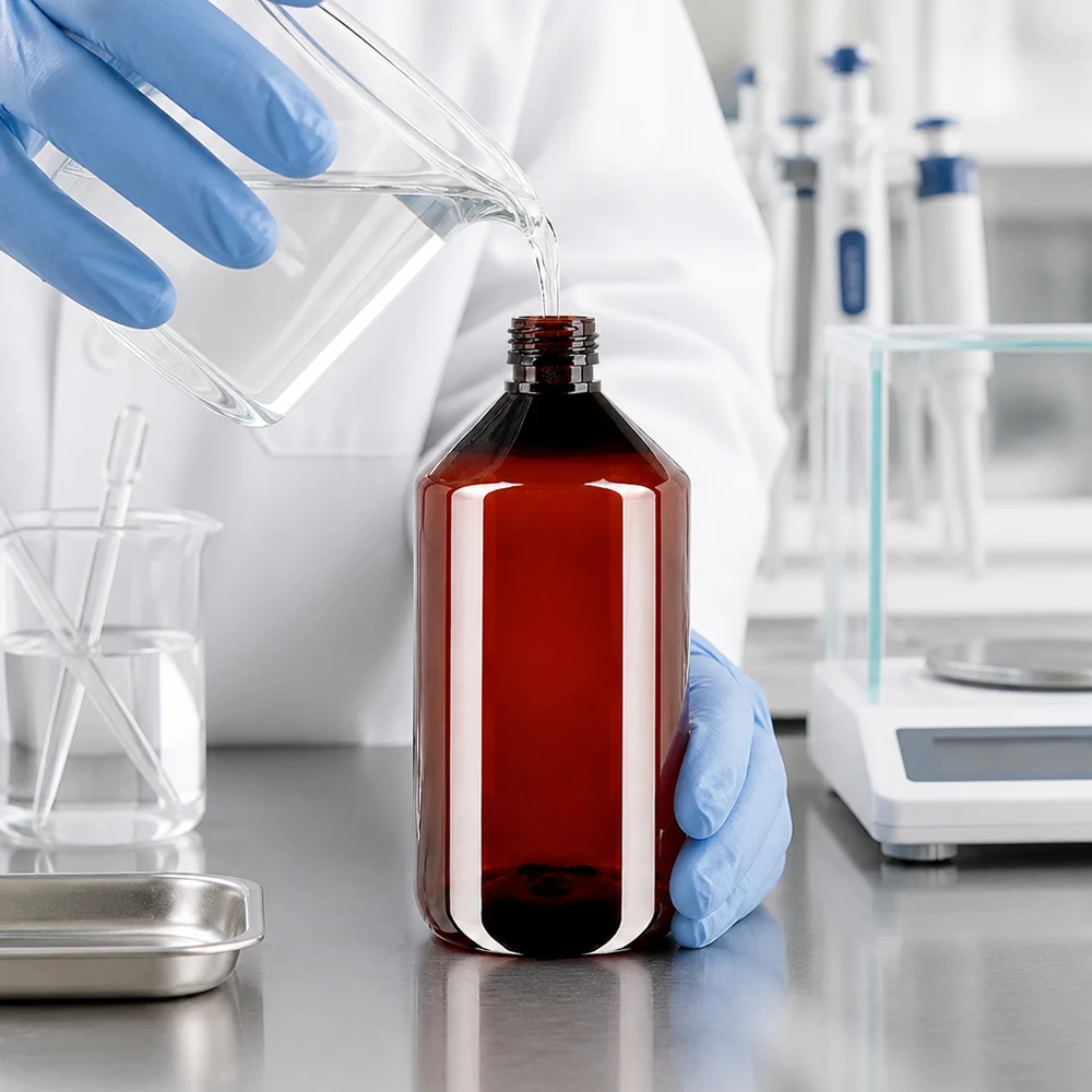 PET-fles 750ml PP28 zonder dop Bruine PET-fles met brede hals, 750 ml, PP28, zonder deksel, naast een analyseweegschaal en pipetten