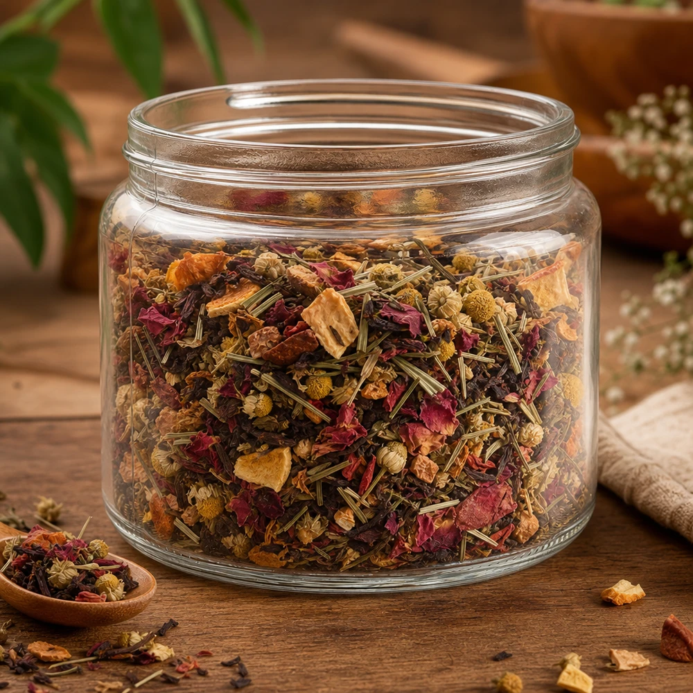 Heldere glazen pot 250ml gevuld met kleurrijke kruidenthee melange gedroogde bloemen kruiden opslag