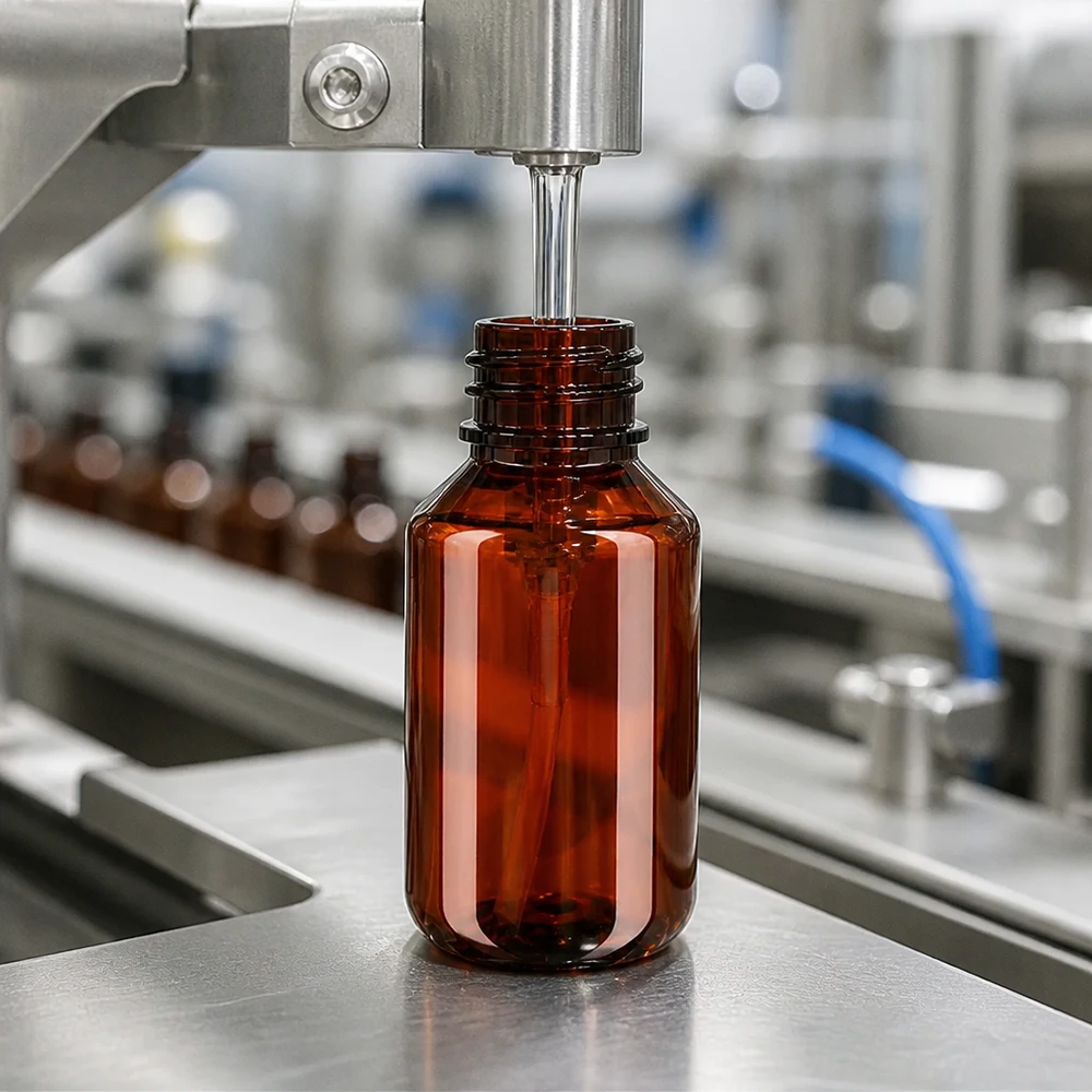 Serieproductie van amberkleurige PET-flessen van 100 ml met doseerpomp op een roestvrijstalen transportband