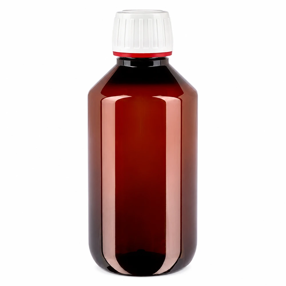 PET-fles 200ml met wit/rode dop OV Lichte ronde PET-fles van 200 ml in bruinglaslook met een wit-rode OV-sluiting
