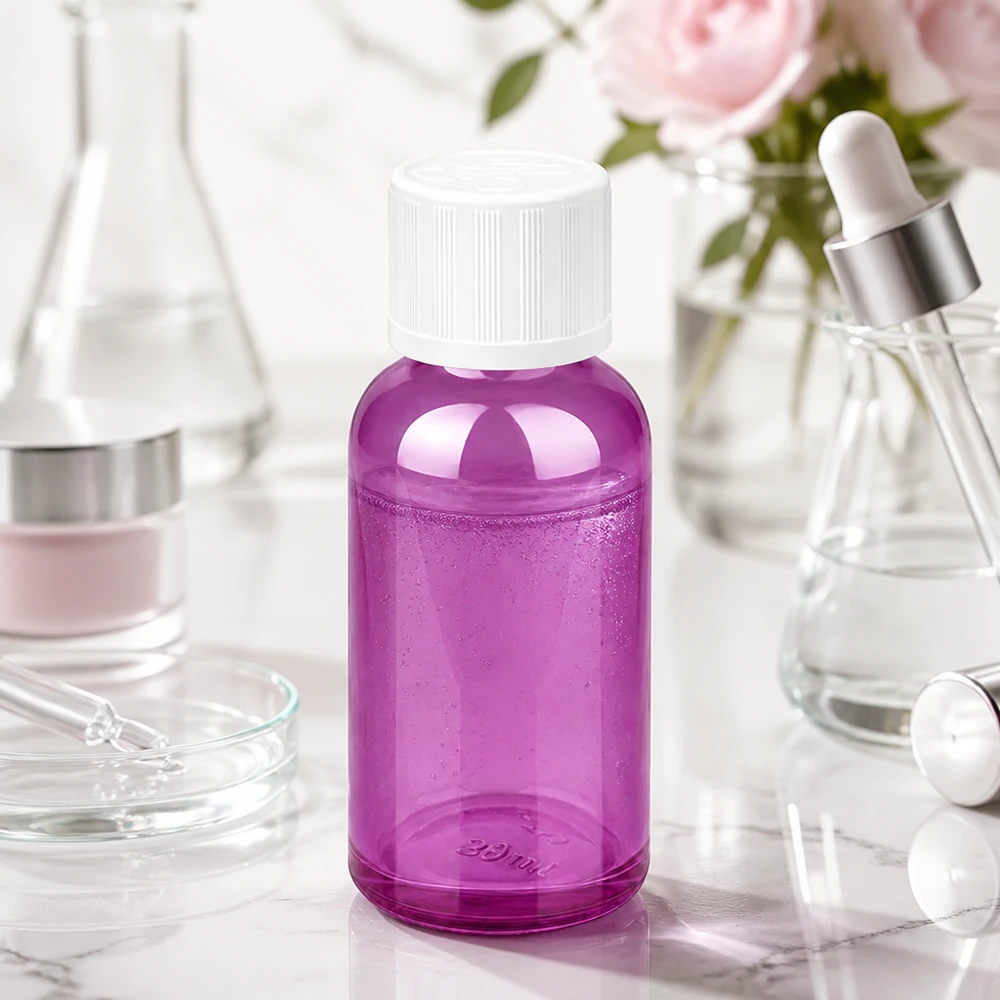 Violet glazen flesje van 30 ml met een hals van 11 mm, ideaal voor pipetten en nauwkeurig aanbrengen