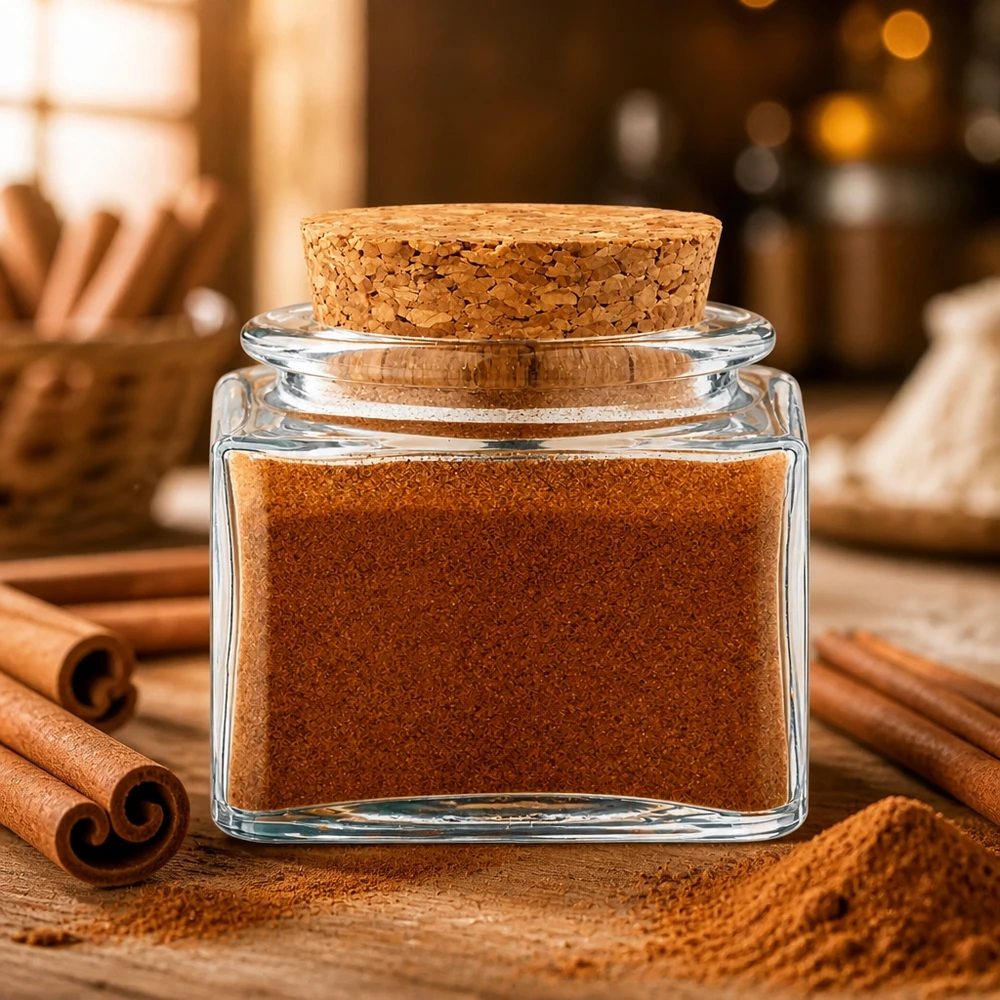 Kruiderpot-idee: Kurkfles Quadratus 40ml helder, opening 28 mm, met kurk Compact kruidenpotje met natuurlijke kurk en kaneelpoeder, decoratief gepresenteerd met kaneelstokjes