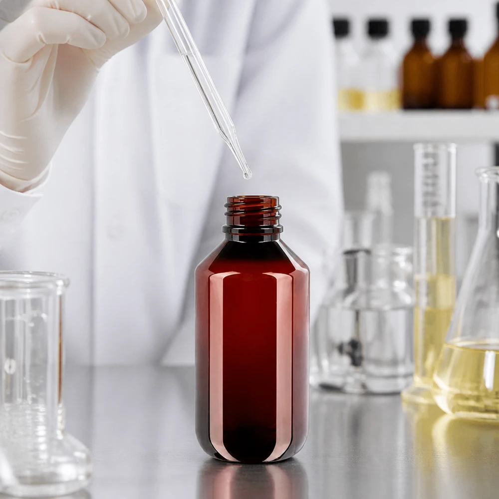 50 ml PET medicijnfles met verstuiver zwart GCMI 28/410 incl. dop transparant, standaard Bruine PET-plastic fles van 200 ml met een smalle rode schroefdop voor apotheken en laboratoria