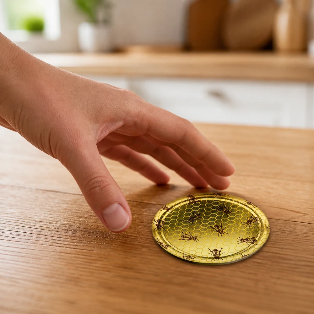82 mm BasicSeal-deksel met honingraatstructuur (TO82) UNiTWIST Hand nadert een rond TO82-inmaakdeksel met honingraatmotief op een houten ondergrond