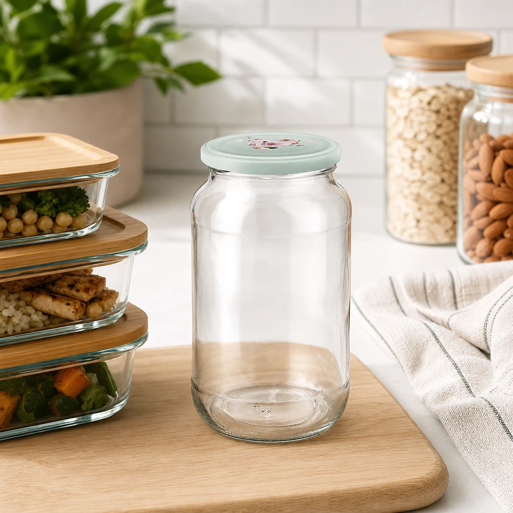 Ronde pot van 1062 ml + BasicSeal-deksel met muntmotief UNiTWIST Leeres 1062ml Rundglas mit mintgrünem Herz-Deckel auf Holzbrett neben Vorratsbehältern in moderner Küche