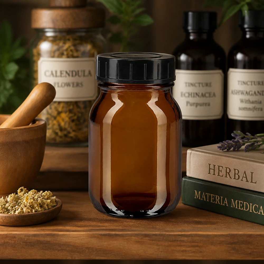 75ml amberkleurig glazen flesje met wijde hals en schroefdop Hoogwaardige 75ml amberkleurige glazen fles met schroefdop voor het professioneel bewaren van tincturen