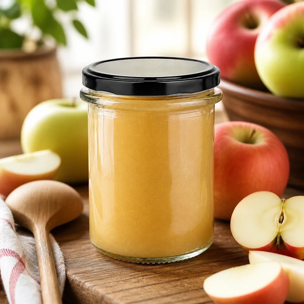 214 ml rond glas + BasicSeal-deksel, zwart, UNiTWIST Compact rond glazen potje van 214 ml met UNiTWIST BasicSeal-deksel en goudgele vruchtenpuree in een rustieke keuken