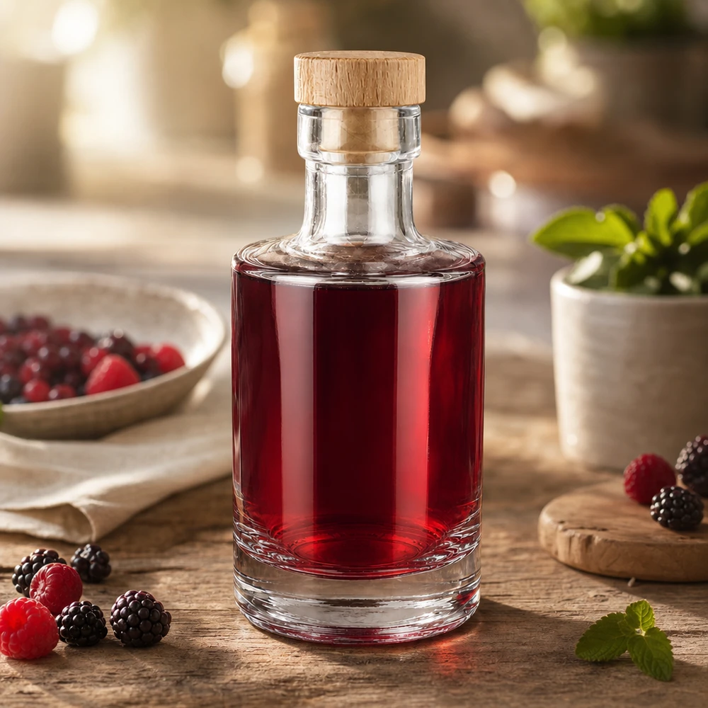 200ml Glasflasche Marie mit Beerenlikör befüllt, Holzkorken-Verschluss, dekoriert mit Himbeeren und Brombeeren auf Holzt