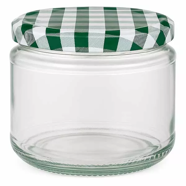 330 ml ronde pot met groen en wit geruit BasicSeal deksel, lege inmaakpot voor voedsel en conserven