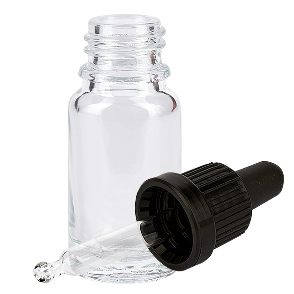 10ml pipetfles zwart OV ClearLine UT18/10 Kleine glazen fles van 10 ml met zwarte schroefdop en glazen pipet, afgebeeld in geopende toestand