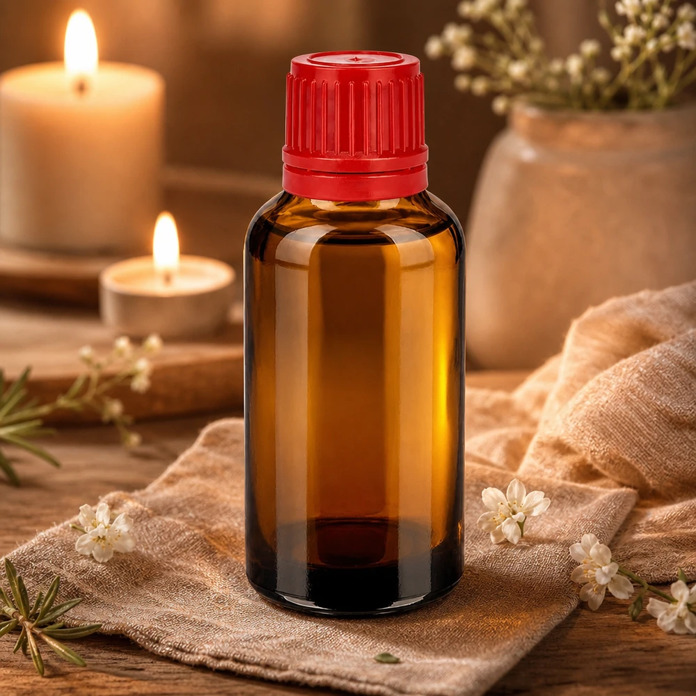 Klein bruin glazen flesje van 30 ml met rode SV-dop, ideaal voor druppeltoepassingen en doseren