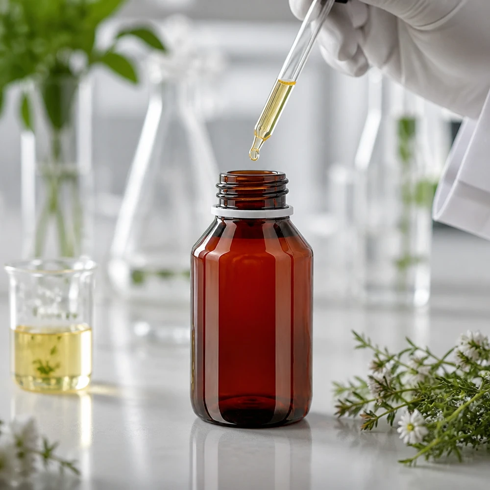 PET-fles 50ml met witte flip-top dop. Compacte bruine glazen fles van 50 ml met witte klapsluiting voor aromatherapie