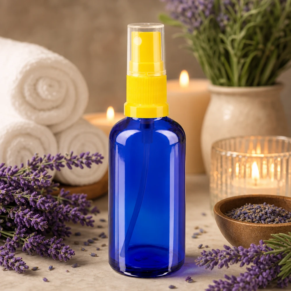 Hervulbare glazen spuitfles van 50 ml in kobaltblauw met fijne nevelverstuiver voor cosmetische toepassingen