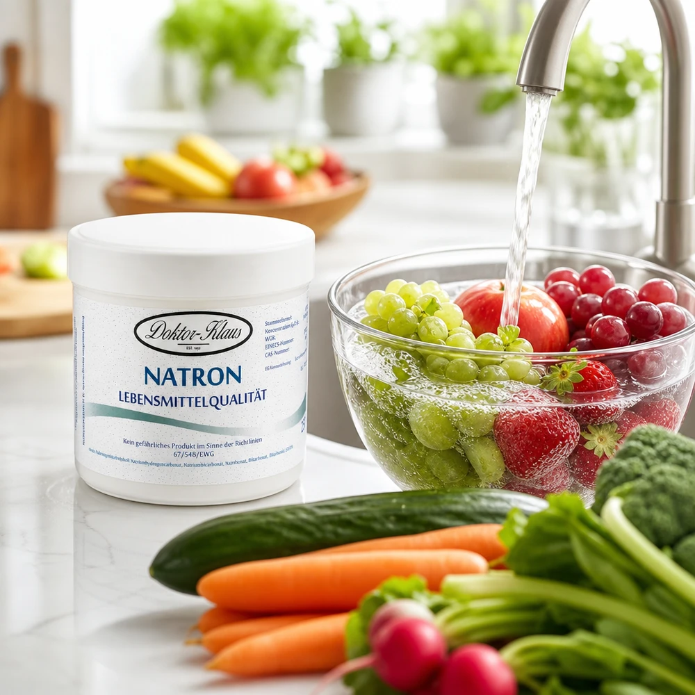 Doktor-Klaus Natron, 250g in witte pot, levensmiddelenkwaliteit Natron Doctor Klaus 250g voor het wassen van groenten en fruit in de keuken