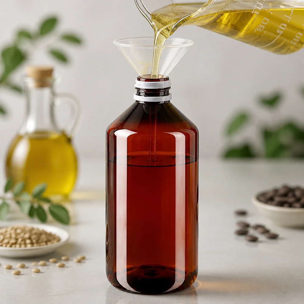 Herbruikbare PET-fles van 750 ml, amberkleurig, met een geribbelde witte schroefdop