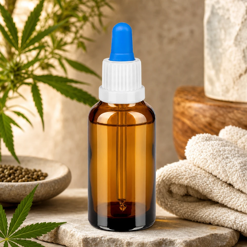 Glazen flesje van 30 ml met blauw-witte pipet voor het hygiënisch aanbrengen van vloeistoffen