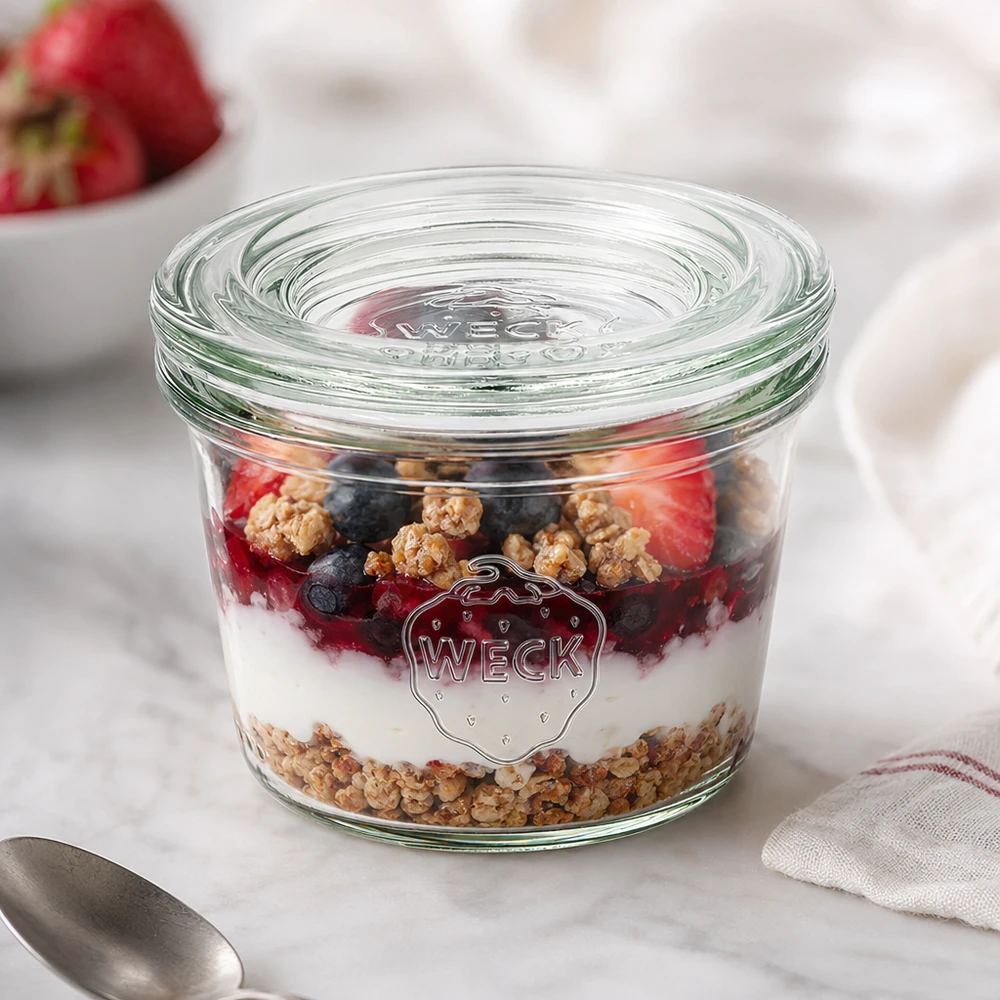 WECK 35ml RR40 mason jar met yoghurt muesli en bessen als dessert in een pot gedecoreerd op een wit marmeren bord