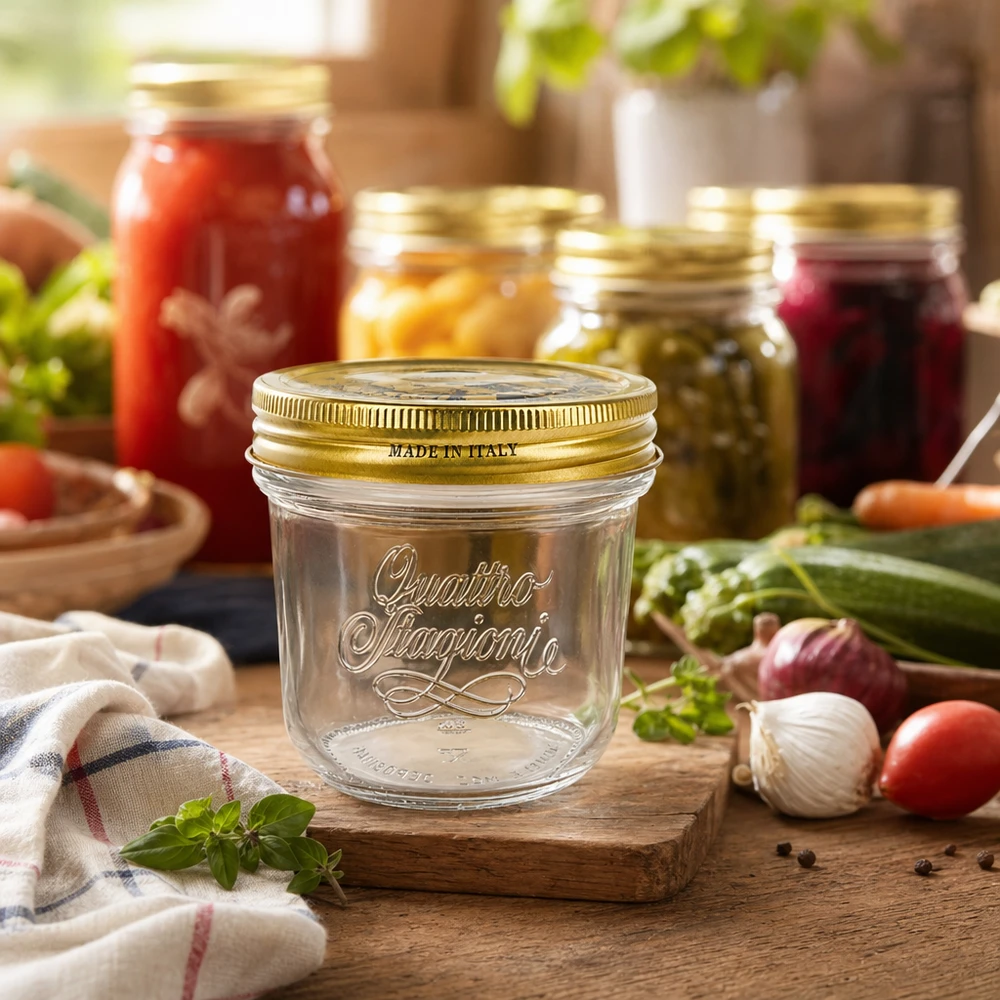 200ml "Quattro Stagioni" bekers met deksel Quattro Stagioni 200ml mason jar met gouden deksel op houten plank omringd door inmaakpotten en verse groenten
