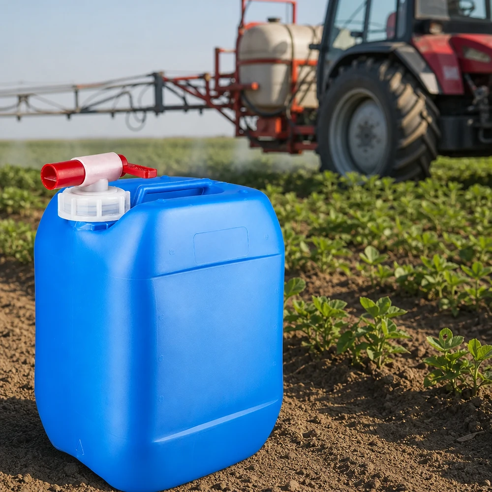 Compacte blauwe vloeistofcontainer van 10 liter met aftapkraan voor de landbouw en tuinbouw