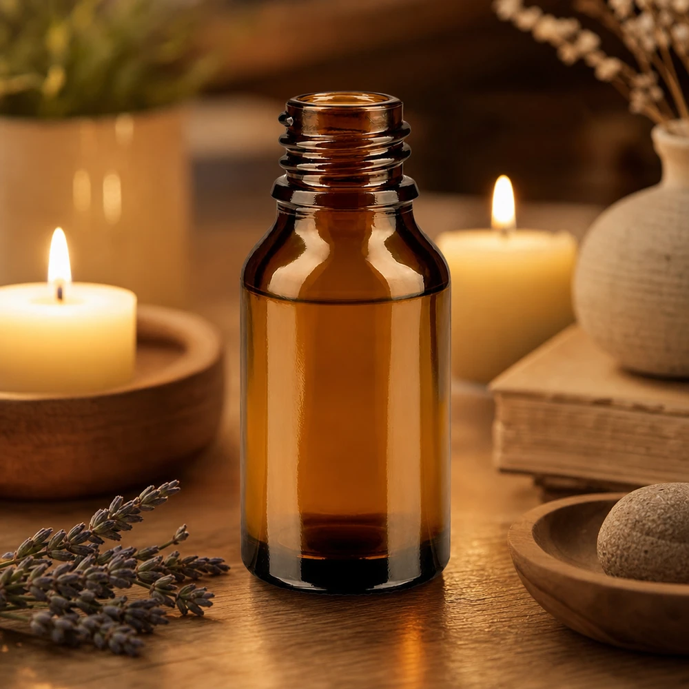 15 ml bruin ApoGlas apothekersflesje bij warm kaarslicht met lavendeltakjes en spa-accessoires op een houten ondergrond