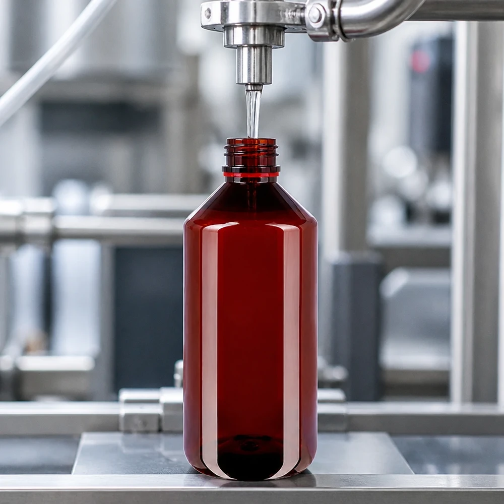 Industrieel afgevulde donkerbruine kunststof fles van 1000 ml met rode schroefdop OV