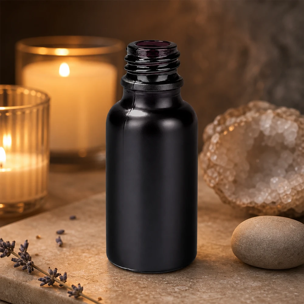 Robuuste zwarte glazen fles 20ml BlackLine voor het veilig bewaren van tincturen en essences