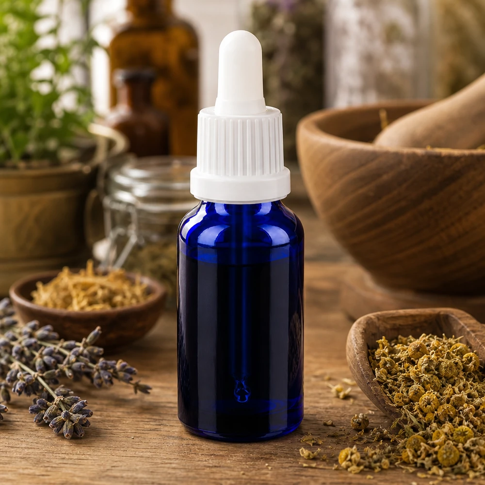 Blauwe glazen fles van 20 ml met precieze doseerpipet voor laboratoriumgebruik en aromatherapie