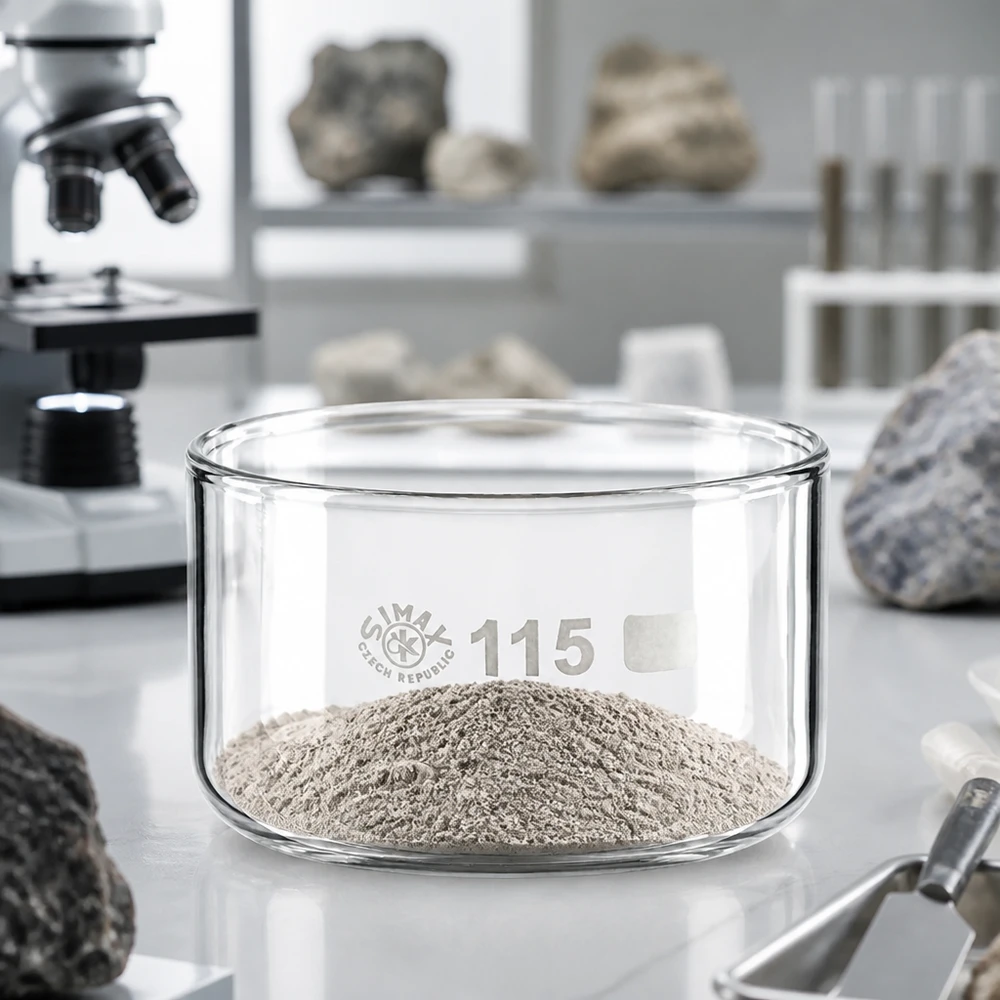 SIMAX-kristallisatieschaal Bo115 gevuld met mineraalpoeder naast een microscoop in het laboratorium