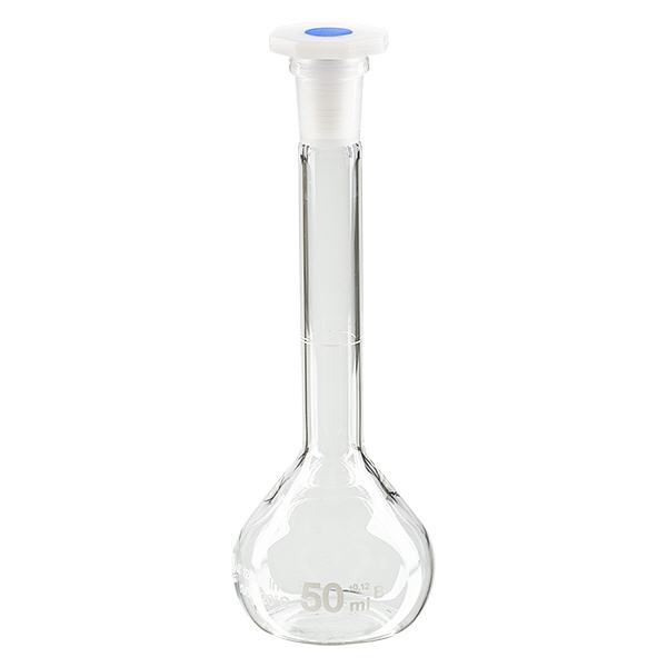Maatkolven 50ml met slijpstuk 12/21 borosilicaat incl. PEHD stop Maatkolven 50ml met slijpstuk 12/21 borosilicaat incl. PEHD stop