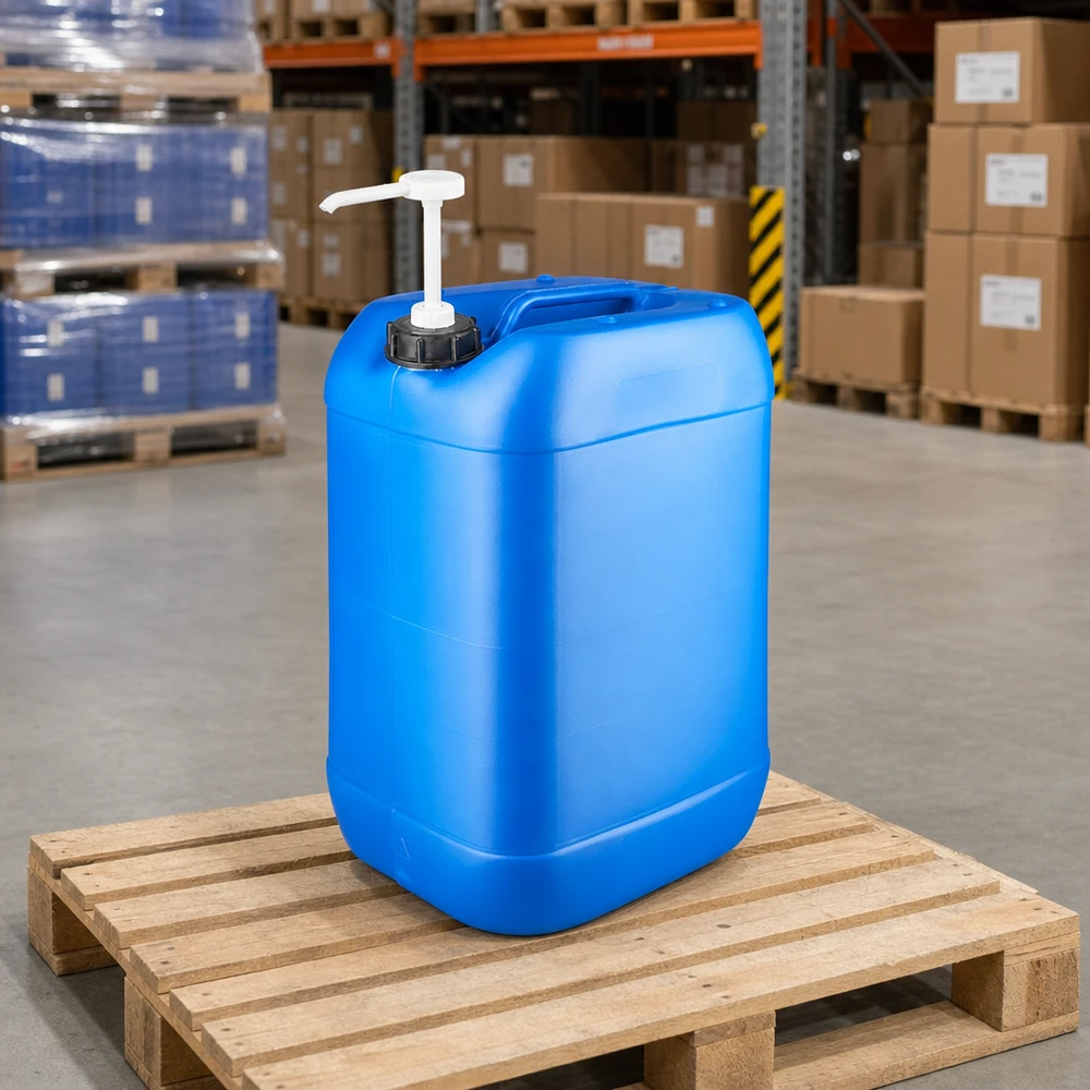Blauwe rechthoekige jerrycan van 25 liter met ergonomische draaggreep en pomp op voorraad