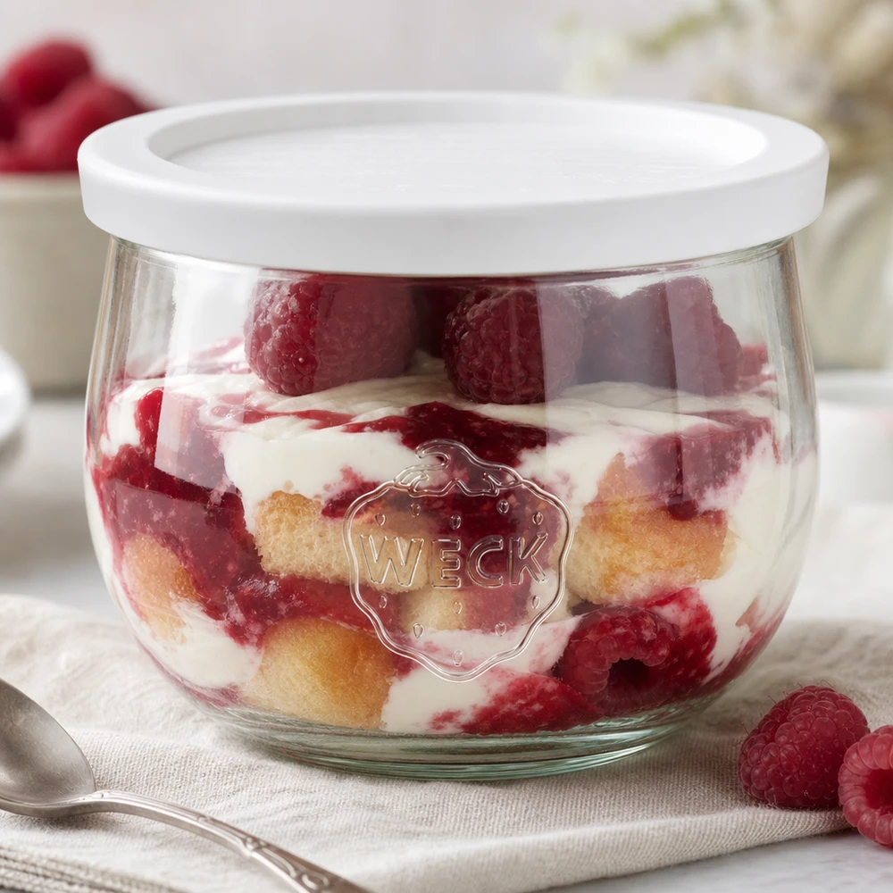 WECK tulpenpot 580ml met vers deksel als dessertschaal voor gelaagde desserts met frambozen en room