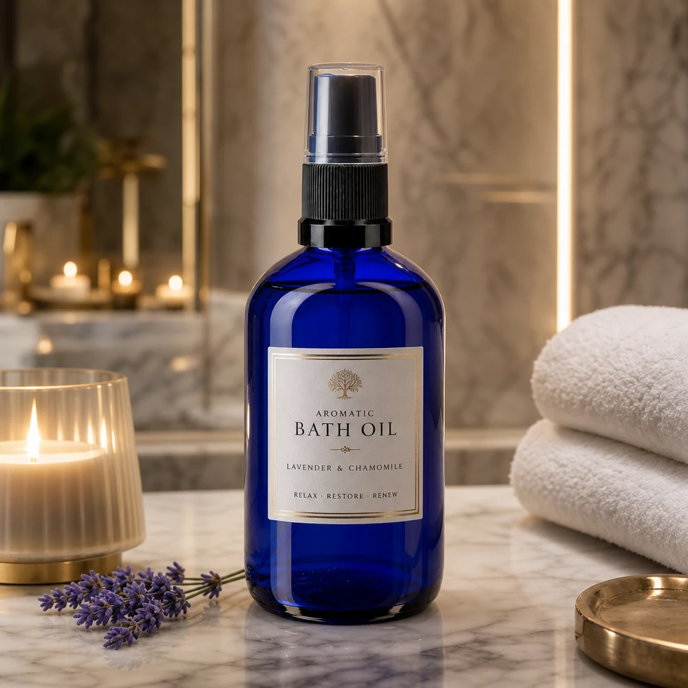 Elegante glazen spuitfles van 100 ml in blauw met een lavendelkleurig etiket en gouden details