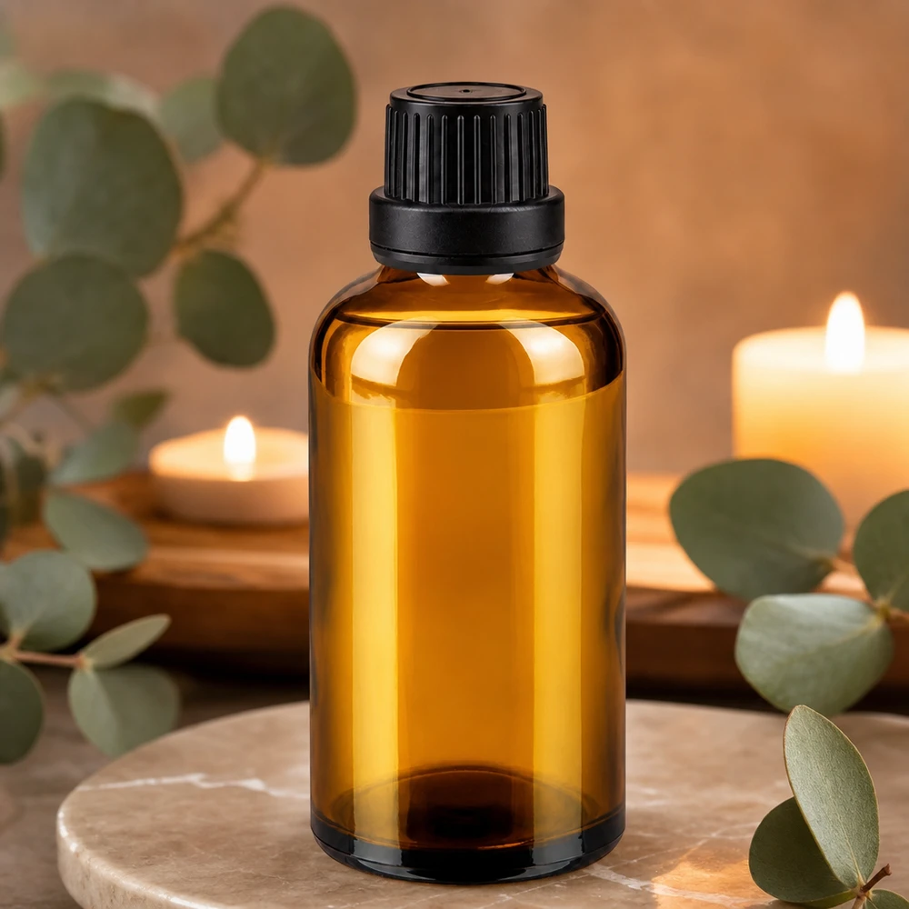 Kleine bruine oliefles van 50 ml van apothekersglas met een zwarte druppeldop