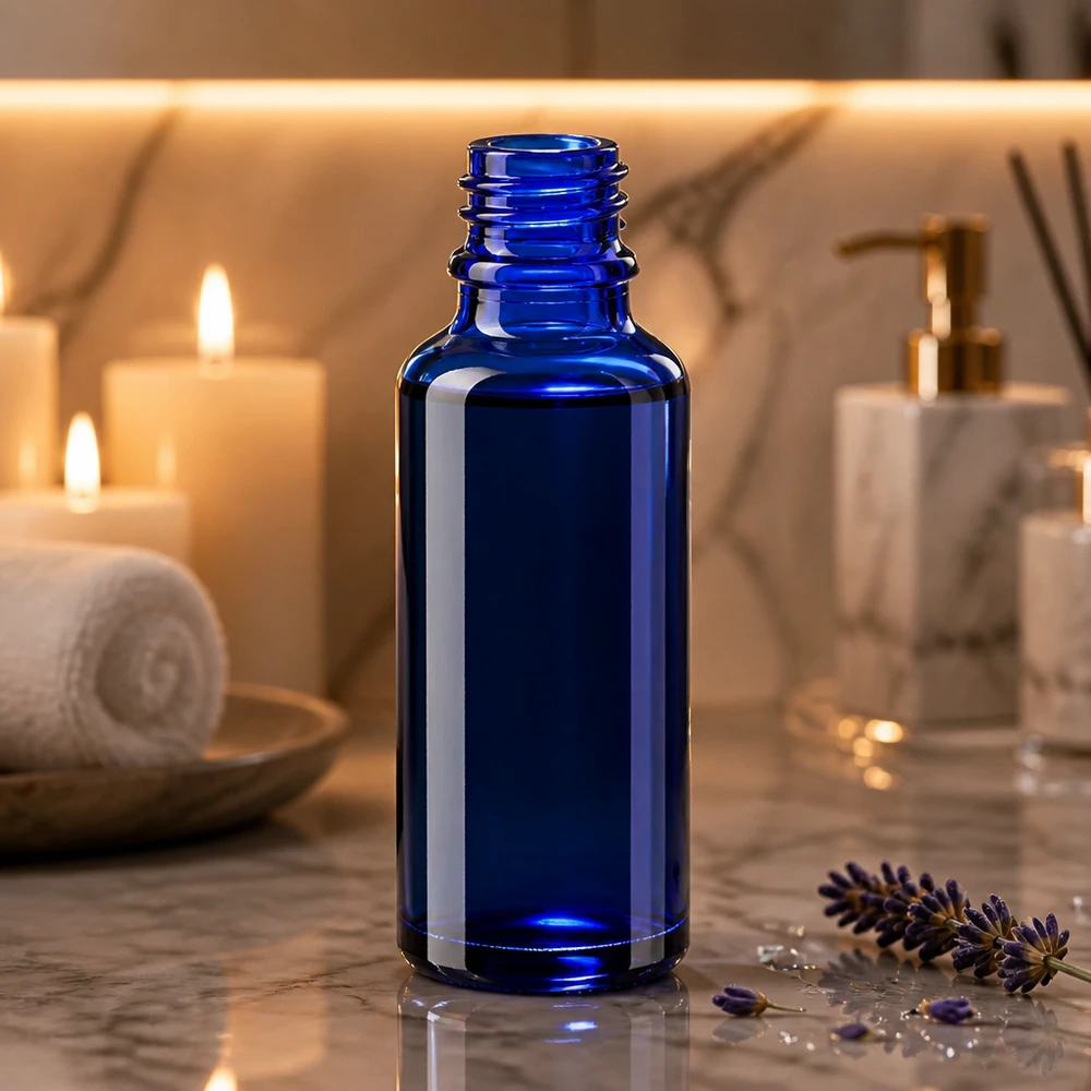 Blauwe glazen fles 30ml ApoGlas-flesje van 30 ml in diepblauw, lichtbeschermend voor gevoelige vloeistoffen