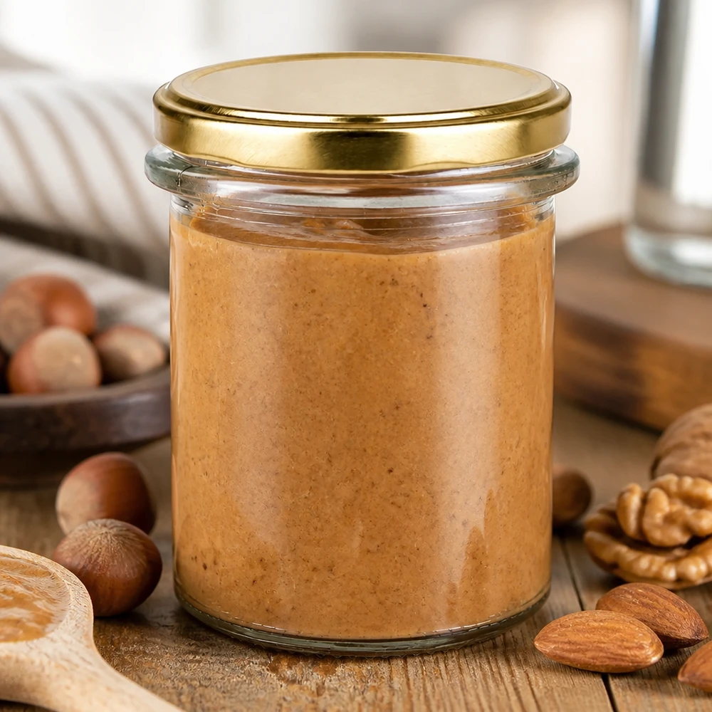 UNiTWIST inmaakpot van 214 ml met gouden metalen deksel, ideaal voor amandelpasta en hazelnootpasta