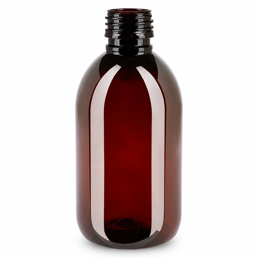 PET fles 250ml PP28 zonder dop Lichtbeschermende PET-fles van 250 ml, bruin, ovaalvormig, met PP28-schroefdop, ongevuld
