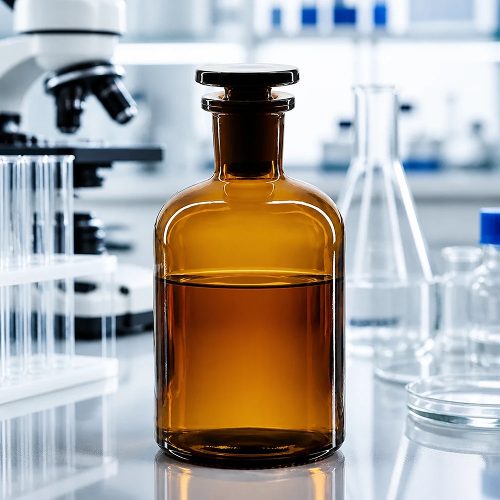 Chemische fles 250 ml, bruin, smalle hals, met glazen stop, zuurbestendig, borosilicaatachtig